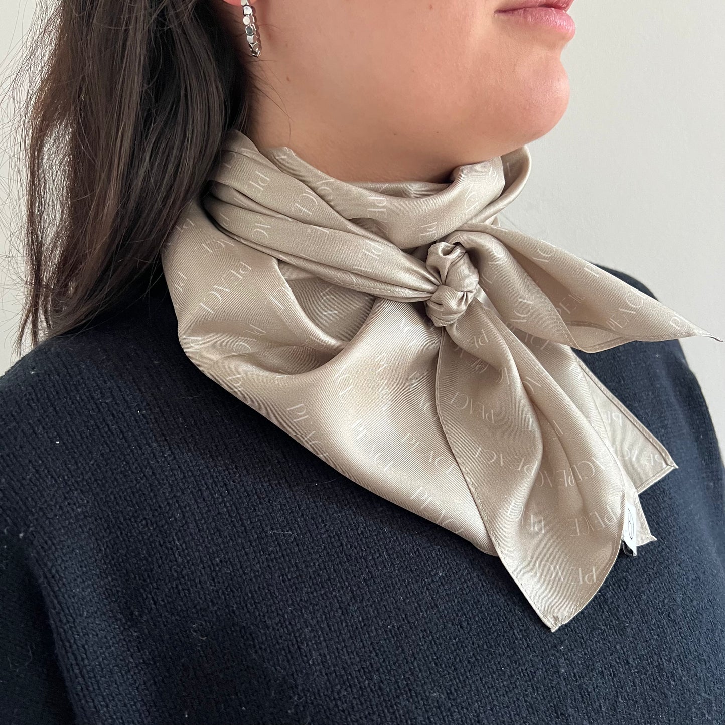 Silk scarf "PEACE 2024" made of pure twill silk in beige-coconut