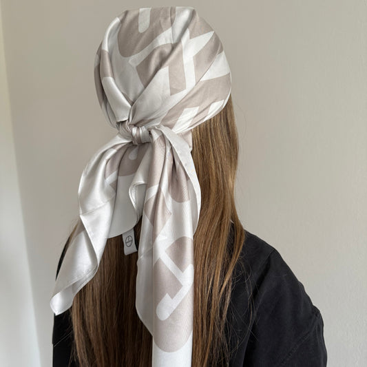 Silk scarf "SELFLOVEGANG" made of pure twill silk in coconut and greige