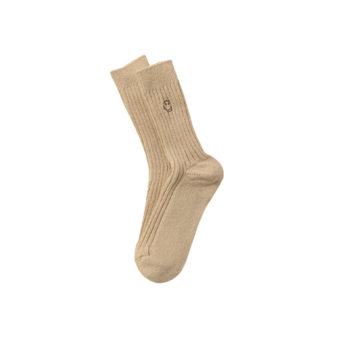 Wollsocken "Smiley" in Beige mit Smiley-Stickerei