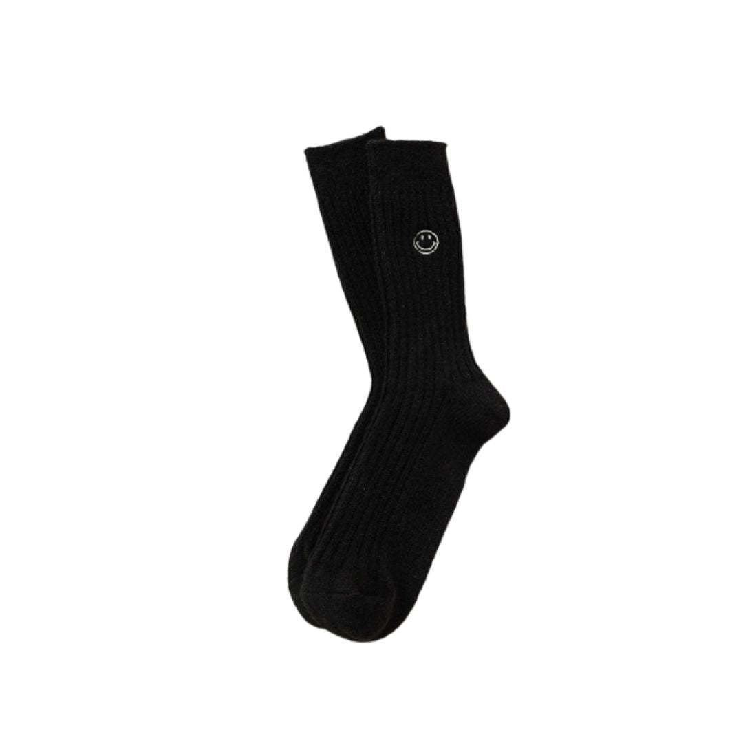 Wollsocken "Smiley" in Schwarz mit Smiley-Stickerei öl